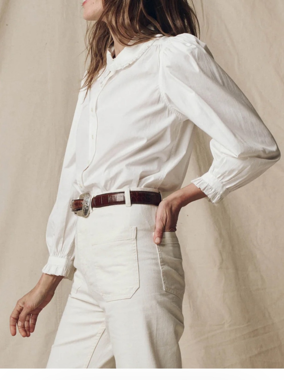 THE GREAT White Round Collar Puff Sleeve Button-Front Blouse Top Size Small